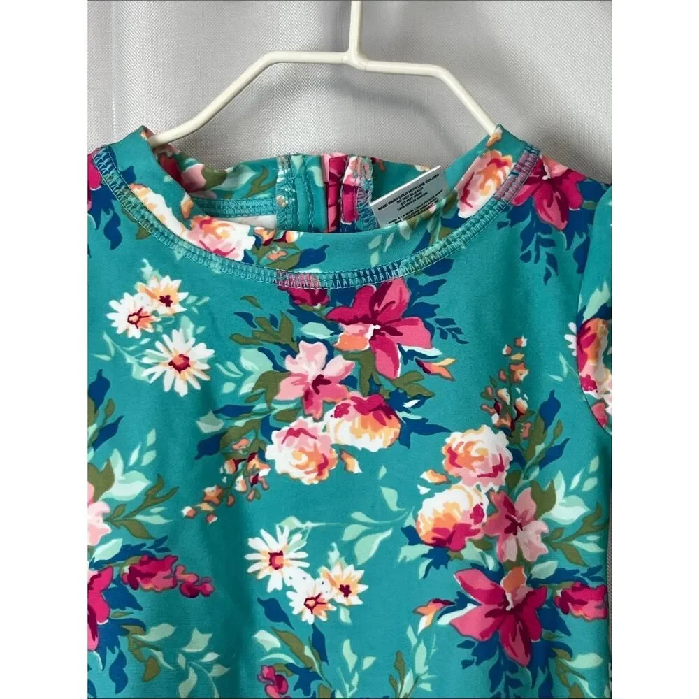 RuffleButts green and pink floral back zipper rash guard one piece swim 6-2 m